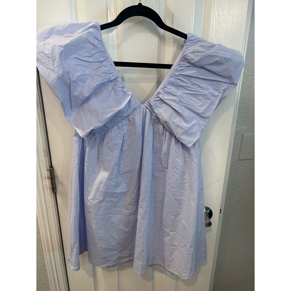 Day + Moon‎ Mini Dress Light Blue Ruffle Sleeve Cotton Poplin Babydoll A1768